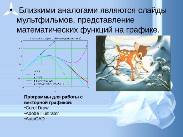 Близкими аналогами являются слайды мультфильмов, представление математических функций на графике. Программы для работы с векторной графикой: Corel Draw Adobe Illustrator AutoCAD