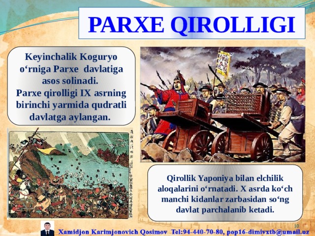 PARXE QIROLLIGI Keyinchalik Koguryo o‘rniga Parxe davlatiga asos solinadi. Parxe qirolligi IX asrning birinchi yarmida qudratli davlatga aylangan. Qirollik Yaponiya bilan elchilik aloqalarini o‘rnatadi. X asrda ko‘ch manchi kidanlar zarbasidan so‘ng davlat parchalanib ketadi.