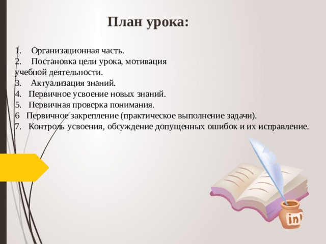 План урока: Организационная часть. Постановка цели урока, мотивация учебной деятельности. 3. Актуализация знаний. 4. Первичное усвоение новых знаний. 5. Первичная проверка понимания. 6 Первичное закрепление (практическое выполнение задачи). 7. Контроль усвоения, обсуждение допущенных ошибок и их исправление.