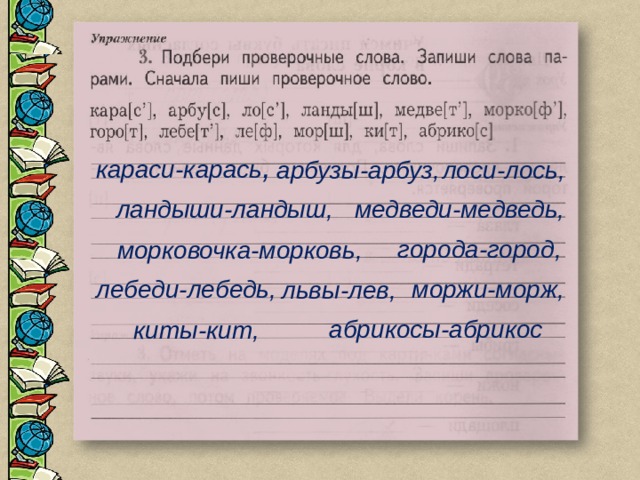 караси-карась , арбузы-арбуз, лоси-лось, ландыши-ландыш, медведи-медведь, города-город, морковочка-морковь, лебеди-лебедь, моржи-морж, львы-лев, абрикосы-абрикос киты-кит,