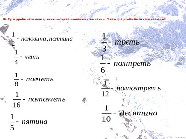 На Руси дроби называли долями, позднее «ломаными числами». У каждой дроби было свое название: названия дробей на Руси: