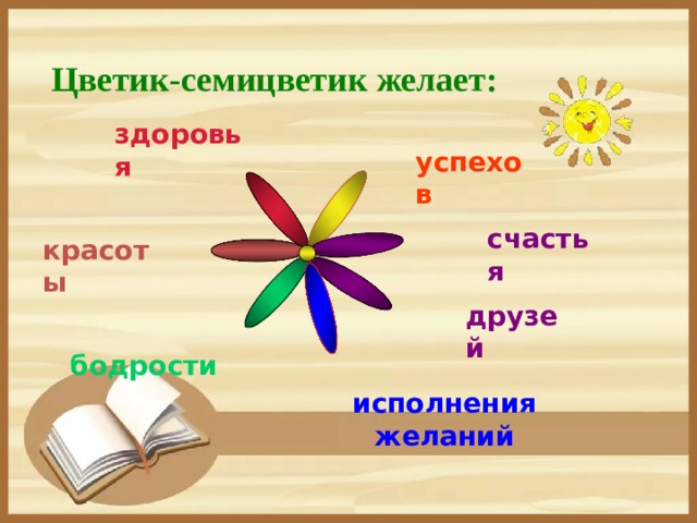 Цветик-семицветик желает: здоровья успехов счастья красоты друзей бодрости исполнения желаний