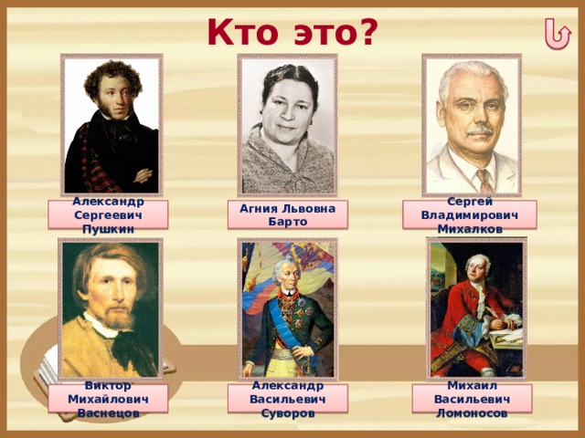 Кто это?    Сергей Владимирович Александр Сергеевич Агния Львовна Барто Пушкин Михалков    Виктор Михайлович Васнецов Александр Васильевич Суворов Михаил Васильевич Ломоносов