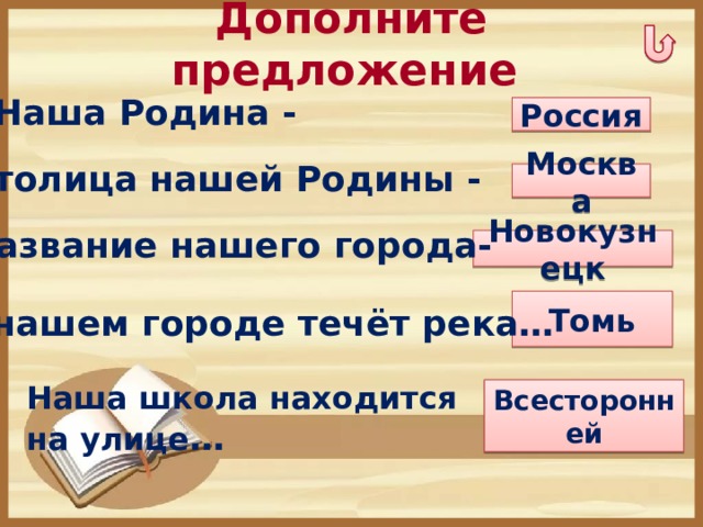 Дополните предложение Наша Родина -  Россия Столица нашей Родины -  Москва Название нашего города-  Новокузнецк  Томь В нашем городе течёт река… Наша школа находится на улице …  Всесторонней