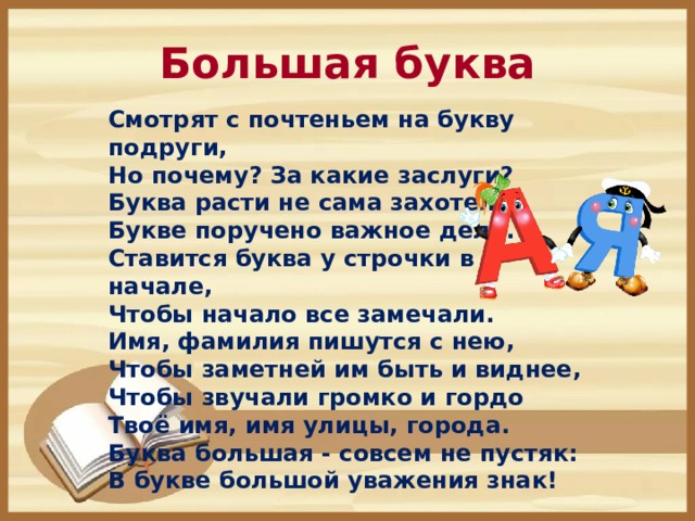 Большая буква  Смотрят с почтеньем на букву подруги,  Но почему? За какие заслуги?  Буква расти не сама захотела,  Букве поручено важное дело.  Ставится буква у строчки в начале,  Чтобы начало все замечали.  Имя, фамилия пишутся с нею,  Чтобы заметней им быть и виднее,  Чтобы звучали громко и гордо Твоё имя, имя улицы, города. Буква большая - совсем не пустяк: В букве большой уважения знак!  Е.Измайлова