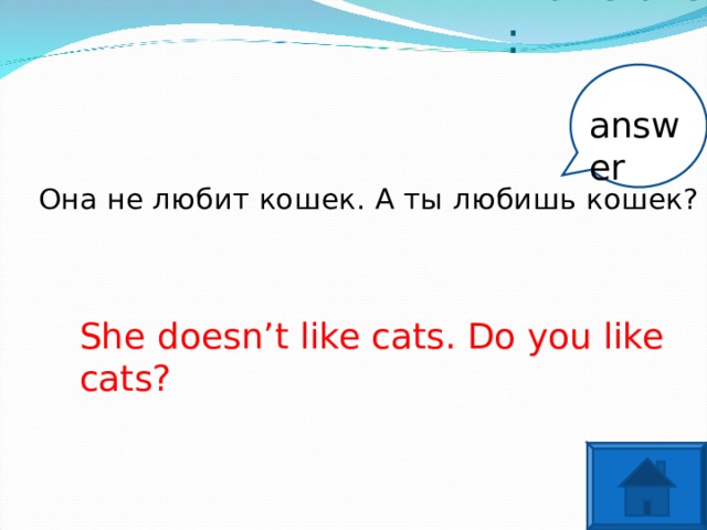 Translate: answer Она не любит кошек. А ты любишь кошек? She doesn’t like cats. Do you like cats?