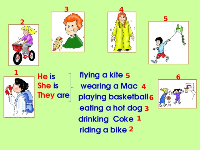 4 3 5 2 1 flying a kite 5 He is She is They are 6 wearing a Mac 4 playing basketball 6 eating a hot dog 3 drinking Coke 1 riding a bike 2