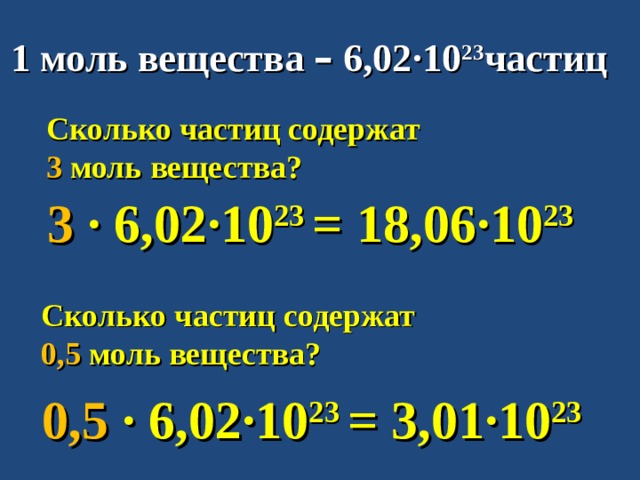 1 моль вещества – 6,02∙10 23 частиц Сколько частиц содержат 3 моль вещества? 3 ∙ 6,02∙10 23 = 18,06∙10 23 Сколько частиц содержат 0,5 моль вещества? 0,5 ∙ 6,02∙10 23 = 3,01∙10 23