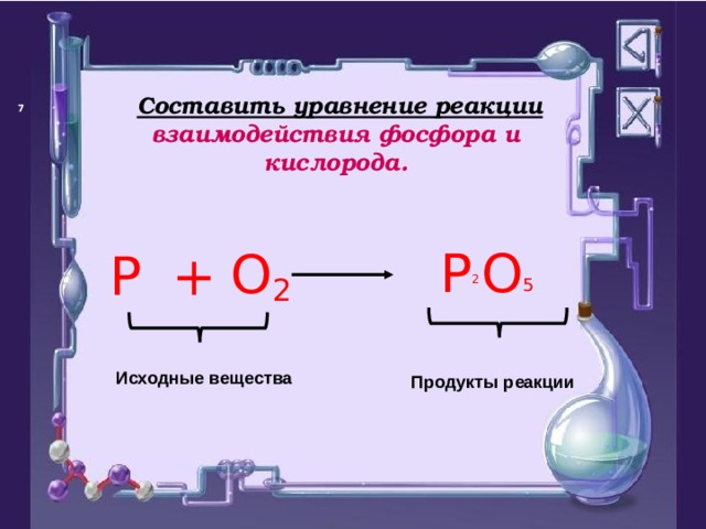 Составить уравнение реакции взаимодействия фосфора и кислорода.   P  O  O 2 P +  5 2  Исходные вещества Продукты реакции