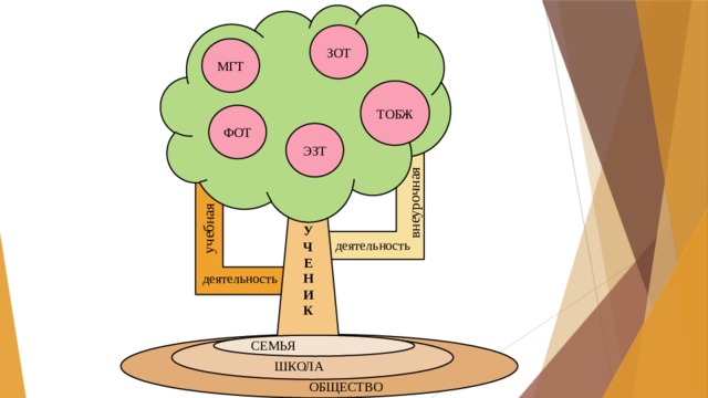 учебная внеурочная ЗОТ МГТ ТОБЖ ФОТ ЭЗТ У Ч Е Н И К деятельность деятельность СЕМЬЯ ШКОЛА ОБЩЕСТВО