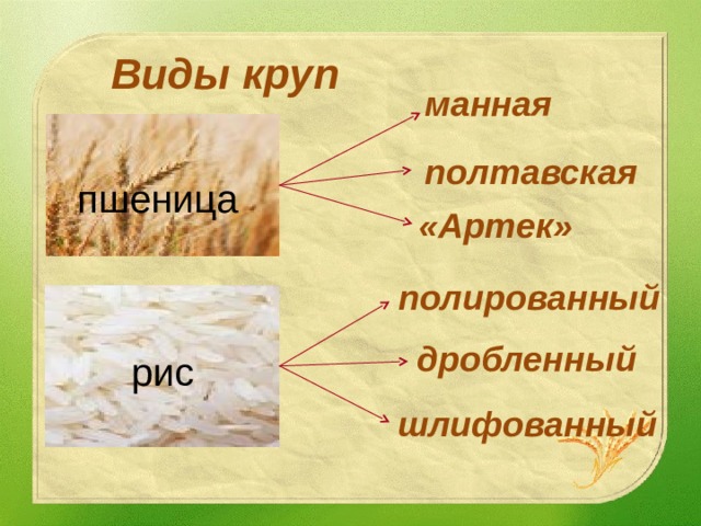 Виды круп манная полтавская пшеница «Артек» полированный дробленный рис шлифованный