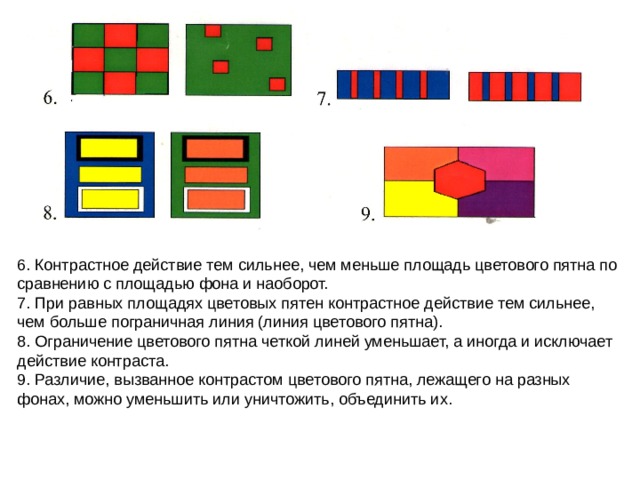 6. Контрастное действие тем сильнее, чем меньше площадь цветового пятна по сравнению с площадью фона и наоборот. 7. При равных площадях цветовых пятен контрастное действие тем сильнее, чем больше пограничная линия (линия цветового пятна). 8. Ограничение цветового пятна четкой линей уменьшает, а иногда и исключает действие контраста. 9. Различие, вызванное контрастом цветового пятна, лежащего на разных фонах, можно уменьшить или уничтожить, объединить их.