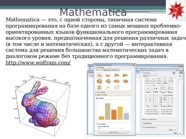 Mathematica Mathematica — это, с одной стороны, типичная система программирования на базе одного из самых мощных проблемно-ориентированных языков функционального программирования высокого уровня, предназначенная для решения различных задач (в том числе и математических), а с другой — интерактивная система для решения большинства математических задач в диалоговом режиме без традиционного программирования. http://www.wolfram.com/