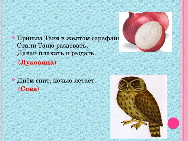 Пришла Таня в желтом сарафане:  Стали Таню раздевать,  Давай плакать и рыдать. Днём спит, ночью летает.