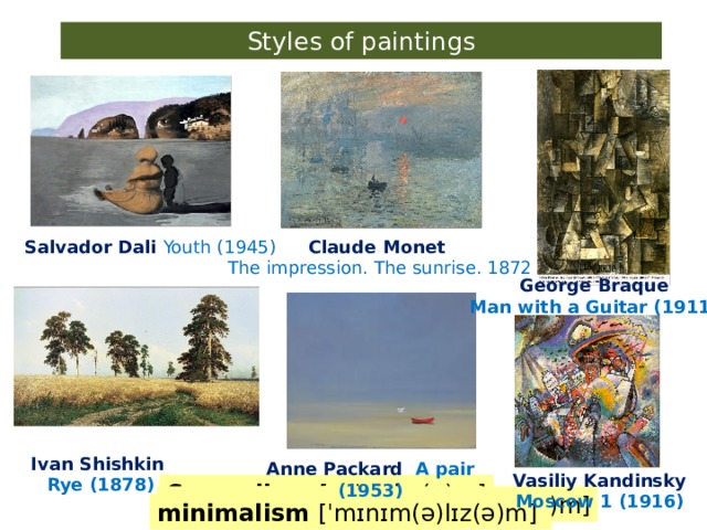 Styles of paintings Claude Monet Salvador Dali Youth (1945) The impression. The sunrise. 1872 George Braque Man with a Guitar (1911) Ivan Shishkin Rye (1878) Anne Packard A pair (1953) Vasiliy Kandinsky Moscow 1 (1916) Surrealism [səˈrɪəlɪz(ə)m] abstract art impressionism  [ɪmˈprɛʃ(ə)nɪz(ə)m] realism  [ˈrɪəlɪz(ə) minimalism  [ˈmɪnɪm(ə)lɪz(ə)m]  cubism  [ˈkjuːbɪz(ə)m]