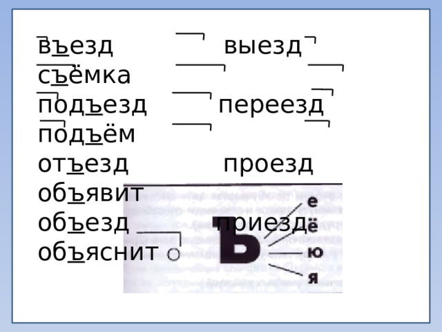 в ъ езд выезд с ъ ёмка под ъ езд переезд под ъ ём от ъ езд проезд об ъ явит об ъ езд приезд об ъ яснит