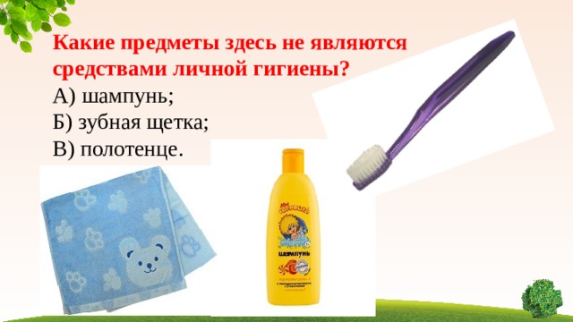 Какие предметы здесь не являются средствами личной гигиены? А) шампунь; Б) зубная щетка; В) полотенце.