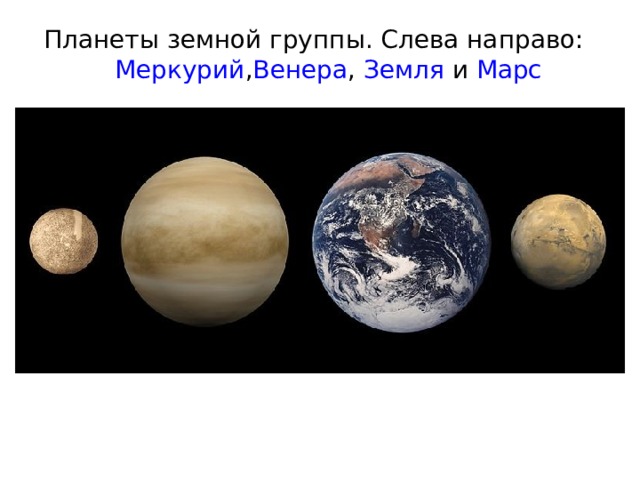 Планеты земной группы. Слева направо:  Меркурий , Венера ,  Земля  и  Марс