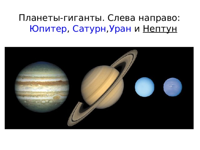 Планеты-гиганты. Слева направо:  Юпитер ,  Сатурн , Уран  и  Нептун  