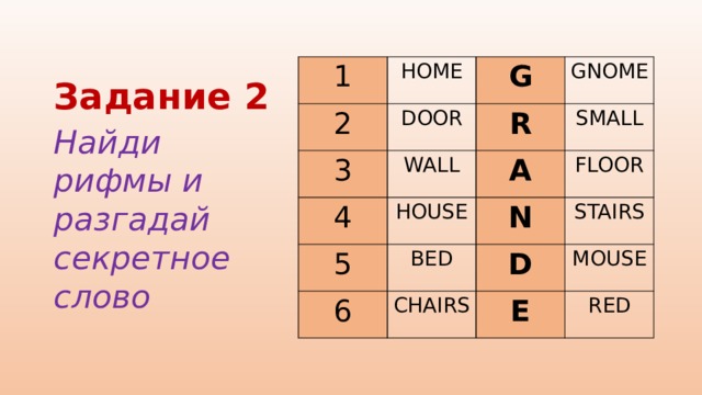 Задание 2 1 HOME 2 3 G DOOR WALL 4 R GNOME SMALL 5 A HOUSE 6 BED N FLOOR STAIRS D CHAIRS MOUSE E RED Найди рифмы и разгадай секретное слово