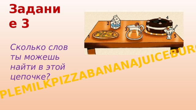 APPLEMILKPIZZABANANAJUICEBURGER Задание 3 Сколько слов ты можешь найти в этой цепочке?