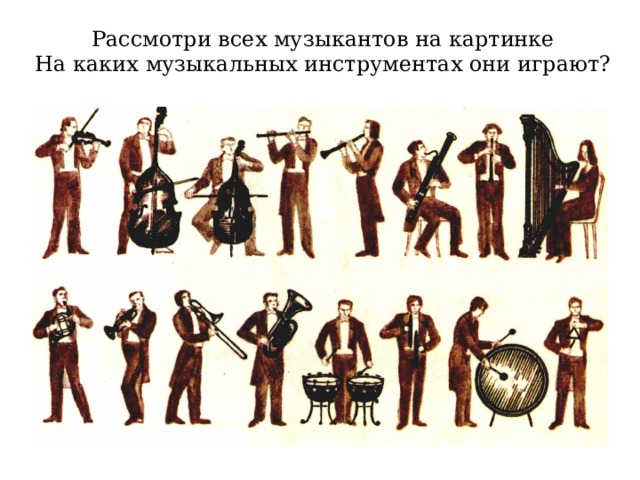 Рассмотри всех музыкантов на картинке На каких музыкальных инструментах они играют?