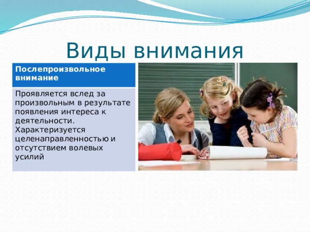 Виды внимания Послепроизвольное внимание Проявляется вслед за произвольным в результате появления интереса к деятельности. Характеризуется целенаправленностью и отсутствием волевых усилий