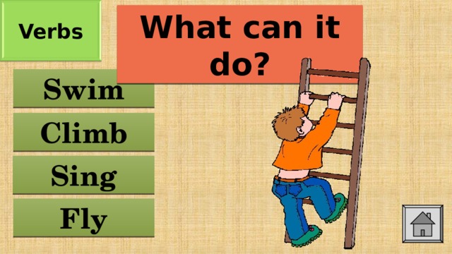 Verbs What can it do? Swim Climb Sing Fly