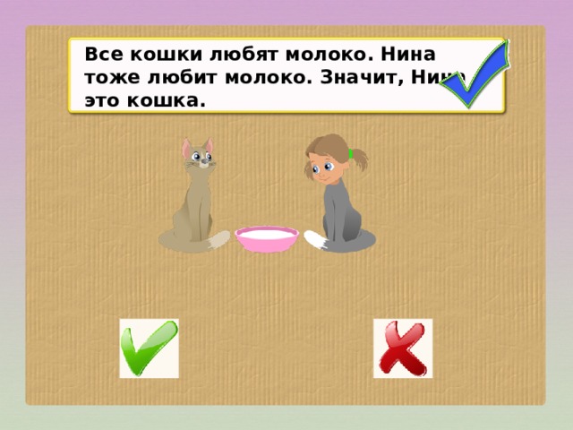 Все кошки любят молоко. Нина тоже любит молоко. Значит, Нина – это кошка.