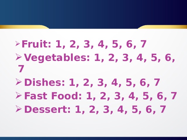 Fruit: 1, 2, 3, 4, 5, 6, 7  Vegetables: 1, 2, 3, 4, 5, 6, 7  Dishes: 1, 2, 3, 4, 5, 6, 7  Fast Food: 1, 2, 3, 4, 5, 6, 7  Dessert: 1, 2, 3, 4, 5, 6, 7