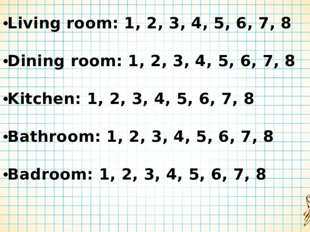 Living room: 1, 2, 3, 4, 5, 6, 7, 8  Dining room: 1, 2, 3, 4, 5, 6, 7, 8  Kitchen: 1, 2, 3, 4, 5, 6, 7, 8  Bathroom: 1, 2, 3, 4, 5, 6, 7, 8  Badroom: 1, 2, 3, 4, 5, 6, 7, 8