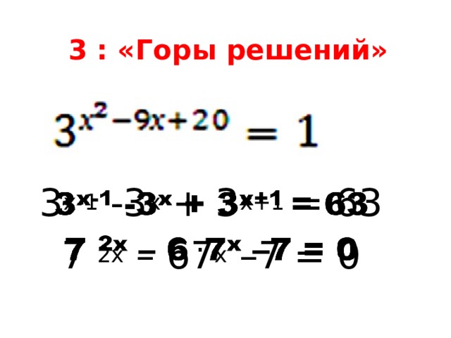 3 : «Горы решений»  3 х-1 -3 х + 3 х+1 = 63   7 2х – 67 х –7 = 0