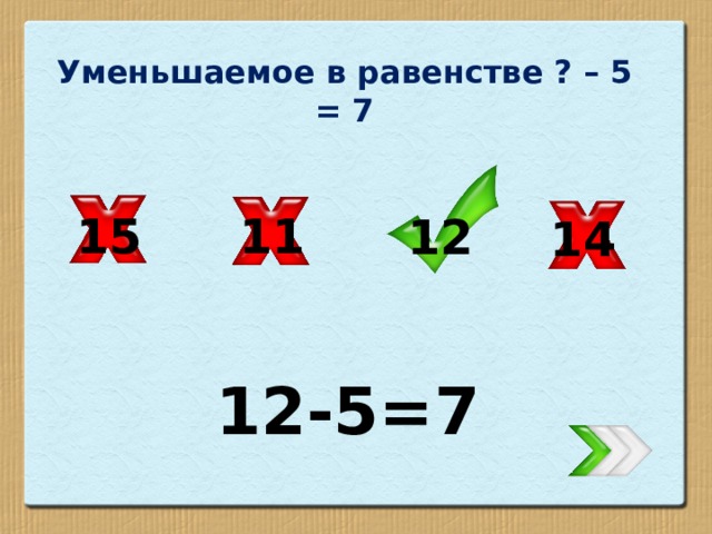 Уменьшаемое в равенстве ? – 5 = 7 15 11 12 14 12-5=7