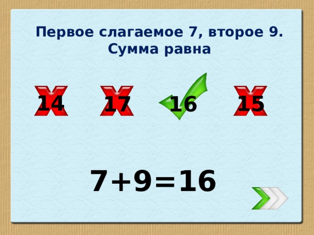 Первое слагаемое 7, второе 9. Сумма равна 14 15 17 16 7+9=16