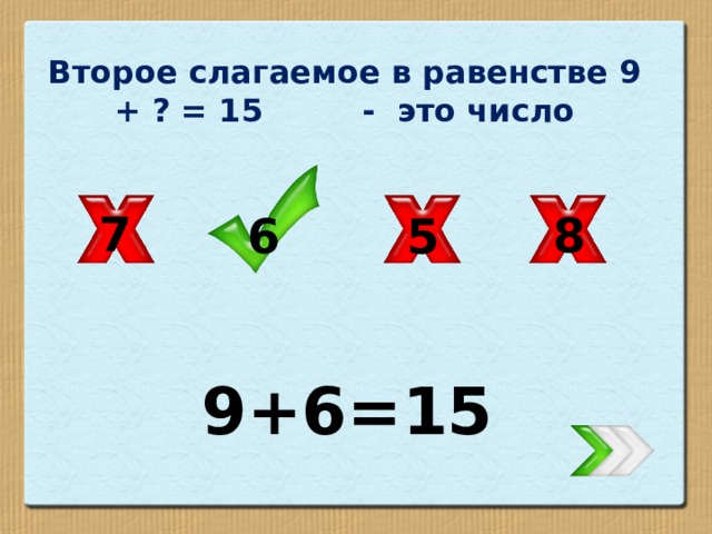 Второе слагаемое в равенстве 9 + ? = 15 - это число 7 8 5 6 9+6=15