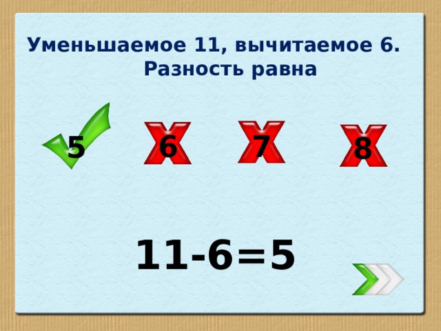 Уменьшаемое 11, вычитаемое 6. Разность равна 7 6 5 8 11-6=5