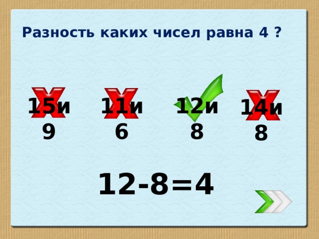 Разность каких чисел равна 4 ? 15и9 11и6 12и8 14и8 12-8=4