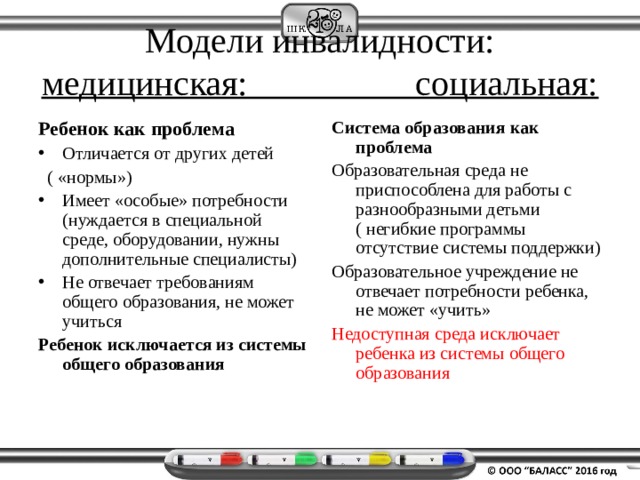 Модели инвалидности:  медицинская: социальная: Ребенок как проблема Система образования как проблема Образовательная среда не приспособлена для работы с разнообразными детьми ( негибкие программы отсутствие системы поддержки) Образовательное учреждение не отвечает потребности ребенка, не может «учить» Отличается от других детей Недоступная среда исключает ребенка из системы общего образования  ( «нормы») Имеет «особые» потребности (нуждается в специальной среде, оборудовании, нужны дополнительные специалисты) Не отвечает требованиям общего образования, не может учиться Ребенок исключается из системы общего образования