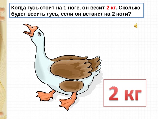 Когда гусь стоит на 1 ноге, он весит 2 кг . Сколько будет весить гусь, если он встанет на 2 ноги?