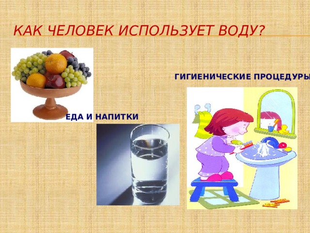 КАК ЧЕЛОВЕК ИСПОЛЬЗУЕТ ВОДУ? ГИГИЕНИЧЕСКИЕ ПРОЦЕДУРЫ ЕДА И НАПИТКИ