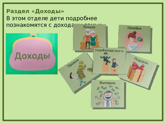 Раздел «Доходы» В этом отделе дети подробнее познакомятся с доходами семьи.