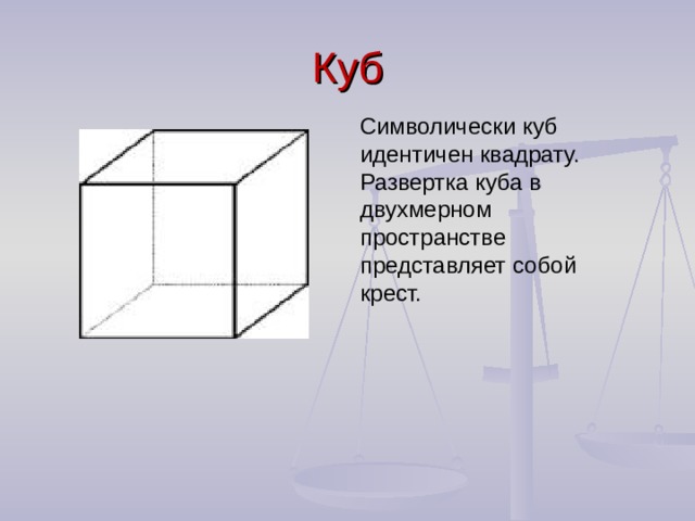 Куб Символически куб идентичен квадрату. Развертка куба в двухмерном пространстве представляет собой крест.