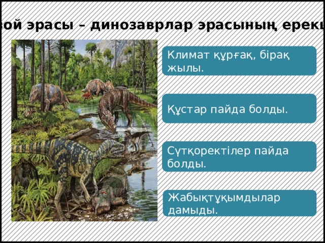 Мезозой эрасы – динозаврлар эрасының ерекшелігі Климат құрғақ, бірақ жылы. Құстар пайда болды. Сүтқоректілер пайда болды. Жабықтұқымдылар дамыды.