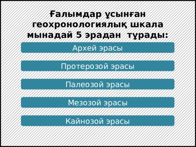 Ғалымдар ұсынған геохронологиялық шкала мынадай 5 эрадан тұрады: Архей эрасы Протерозой эрасы Палеозой эрасы Мезозой эрасы Кайнозой эрасы