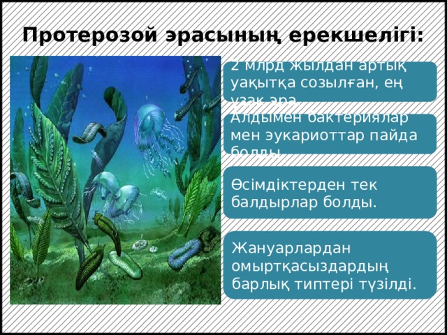 Протерозой эрасының ерекшелігі: 2 млрд жылдан артық уақытқа созылған, ең ұзақ эра. Алдымен бактериялар мен эукариоттар пайда болды. Өсімдіктерден тек балдырлар болды. Фотосинтездеуші өсімдіктер мен цианобактериялар көп мөлшерде оттек бөлуіне байланысты озон қалқаны қалыптасып, тіршілік құрлыққа шықты. Жануарлардан омыртқасыздардың барлық типтері түзілді.