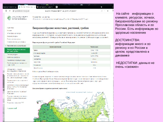 На сайте информация о климате, ресурсах, почвах, биоразнообразии по региону Ярославская область и по России. Есть информация по здоровью населения ДОСТОИНСТВА: информации много и по региону и по России в целом, представлена в динамике  НЕДОСТАТКИ: данные не очень «свежие»