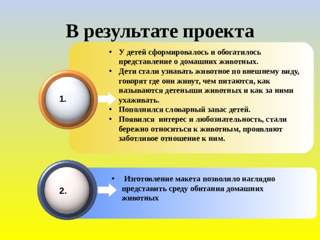 В результате проекта У детей сформировалось и обогатилось представление о домашних животных. Дети стали узнавать животное по внешнему виду, говорят где они живут, чем питаются, как называются детеныши животных и как за ними ухаживать. Пополнился словарный запас детей. Появился интерес и любознательность, стали бережно относиться к животным, проявляют заботливое отношение к ним. 1.  Изготовление макета позволило наглядно представить среду обитания домашних животных 2.