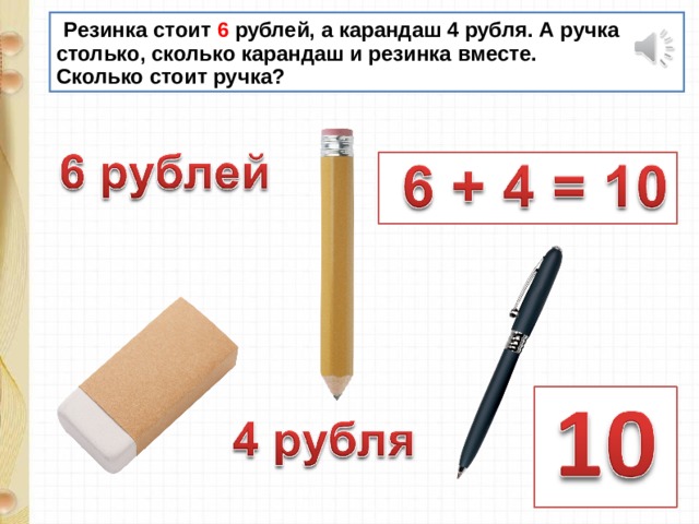 Резинка стоит 6 рублей, а карандаш 4 рубля. А ручка столько, сколько карандаш и резинка вместе. Сколько стоит ручка?