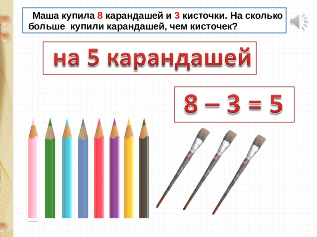 Маша купила 8 карандашей и 3 кисточки. На сколько  больше купили карандашей, чем кисточек?