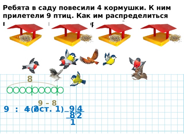 Ребята в саду повесили 4 кормушки. К ним прилетели 9 птиц. Как им распределиться поровну на каждую кормушку? 8 9 – 8 4 = 2 9 ( ост. 1 ) 9 : 4 8 2 1